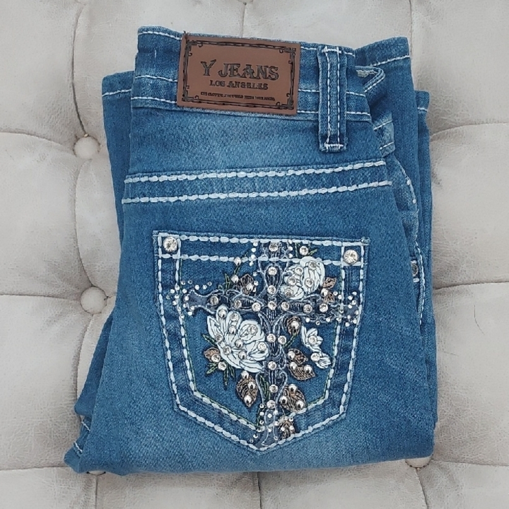 Blue Boot Cut Jeans with Ornate Embroidery